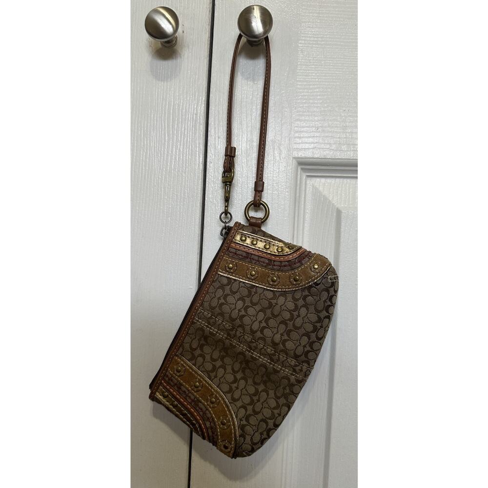 Vintage Coach Signature Brown Canvas Stitched Grommet Studded Wristlet - Y2K